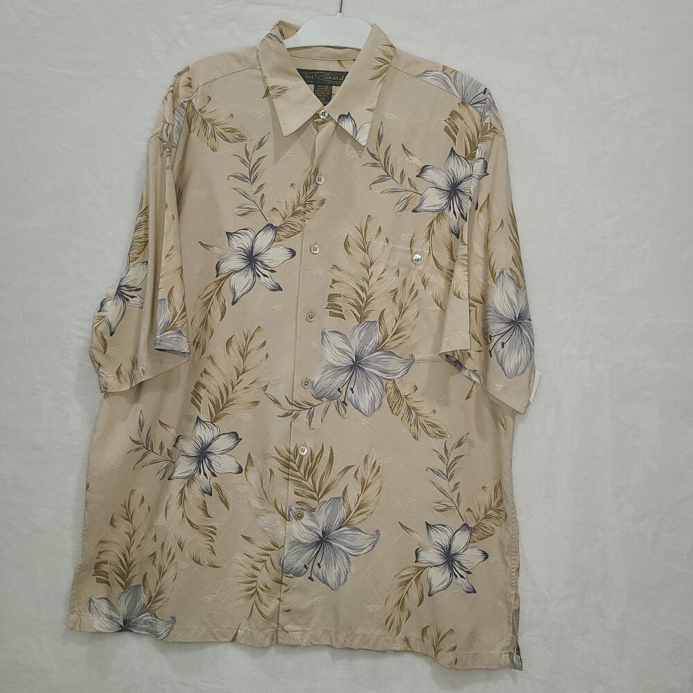 Tori Richard Mens XL Silk Hawaiian Camp Shirt Beige Tropical Floral HibiscusREAD